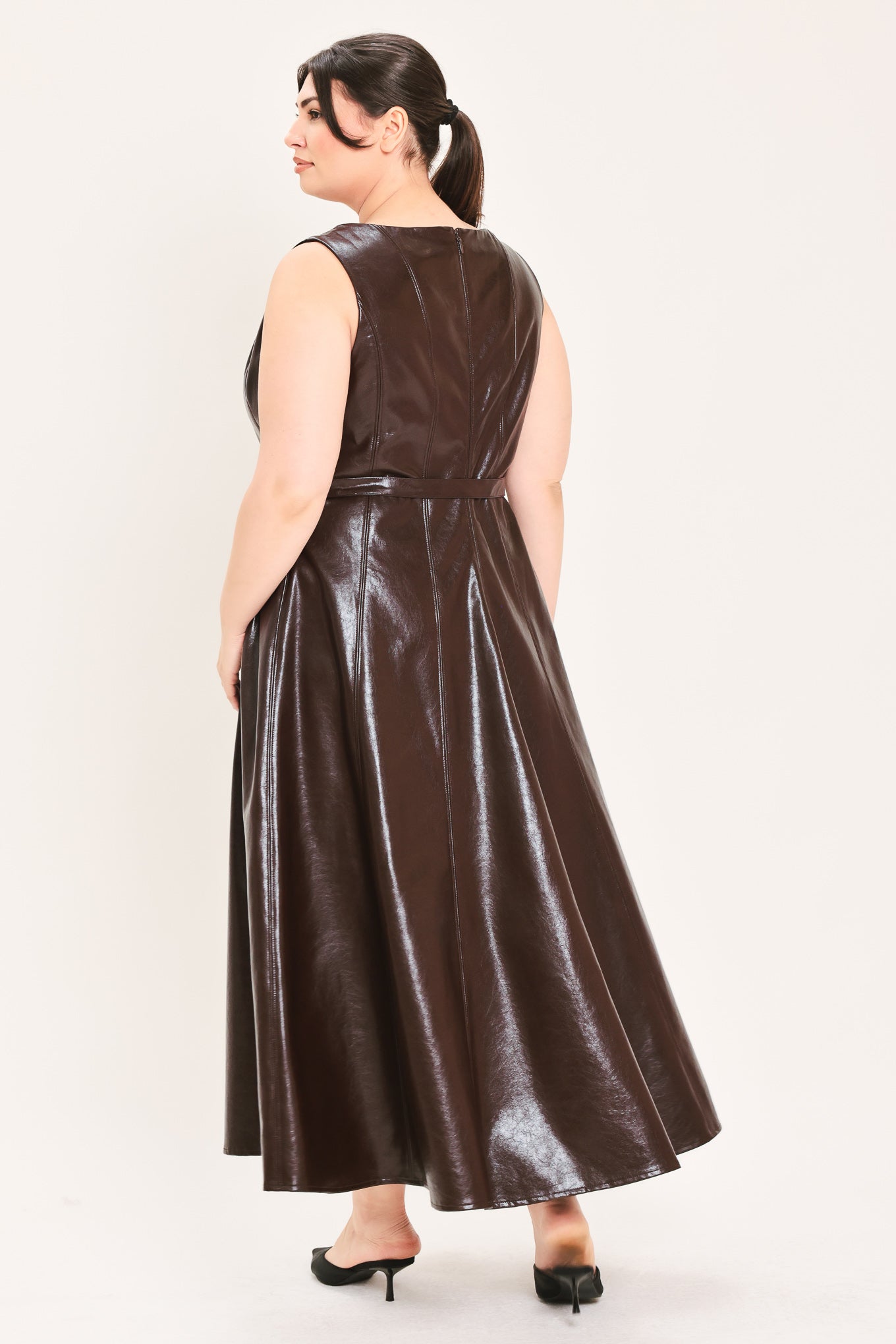DARK TRUFFLE FAUX LEATHER MIDI DRESS