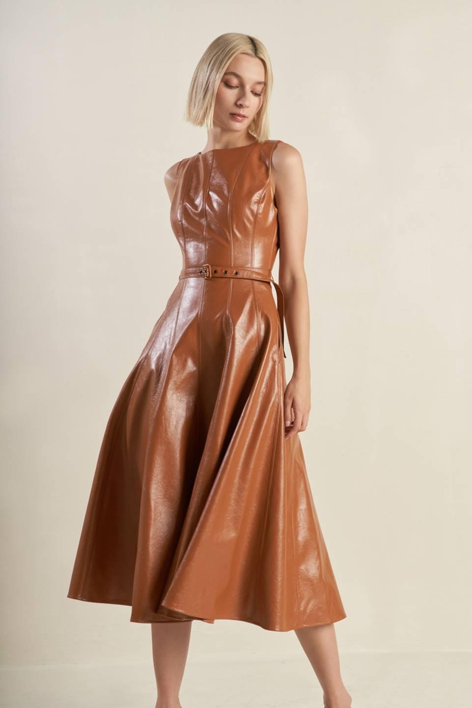 LUNAR SYMPHONY FAUX LEATHER MIDI DRESS.