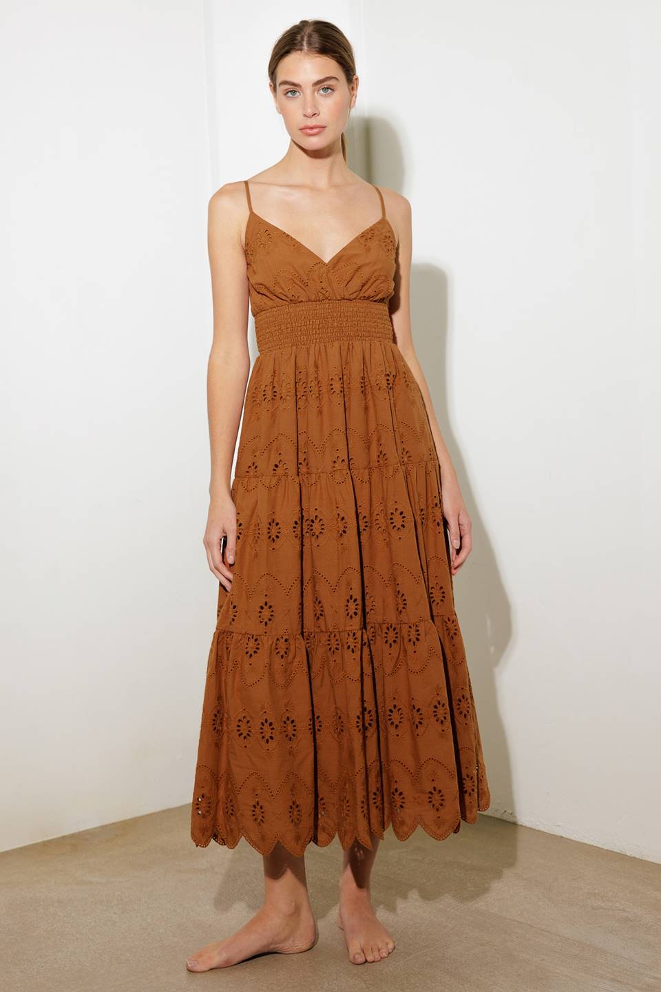 LUMINOUS BLISS WOVEN EYELET MIDI DRESS