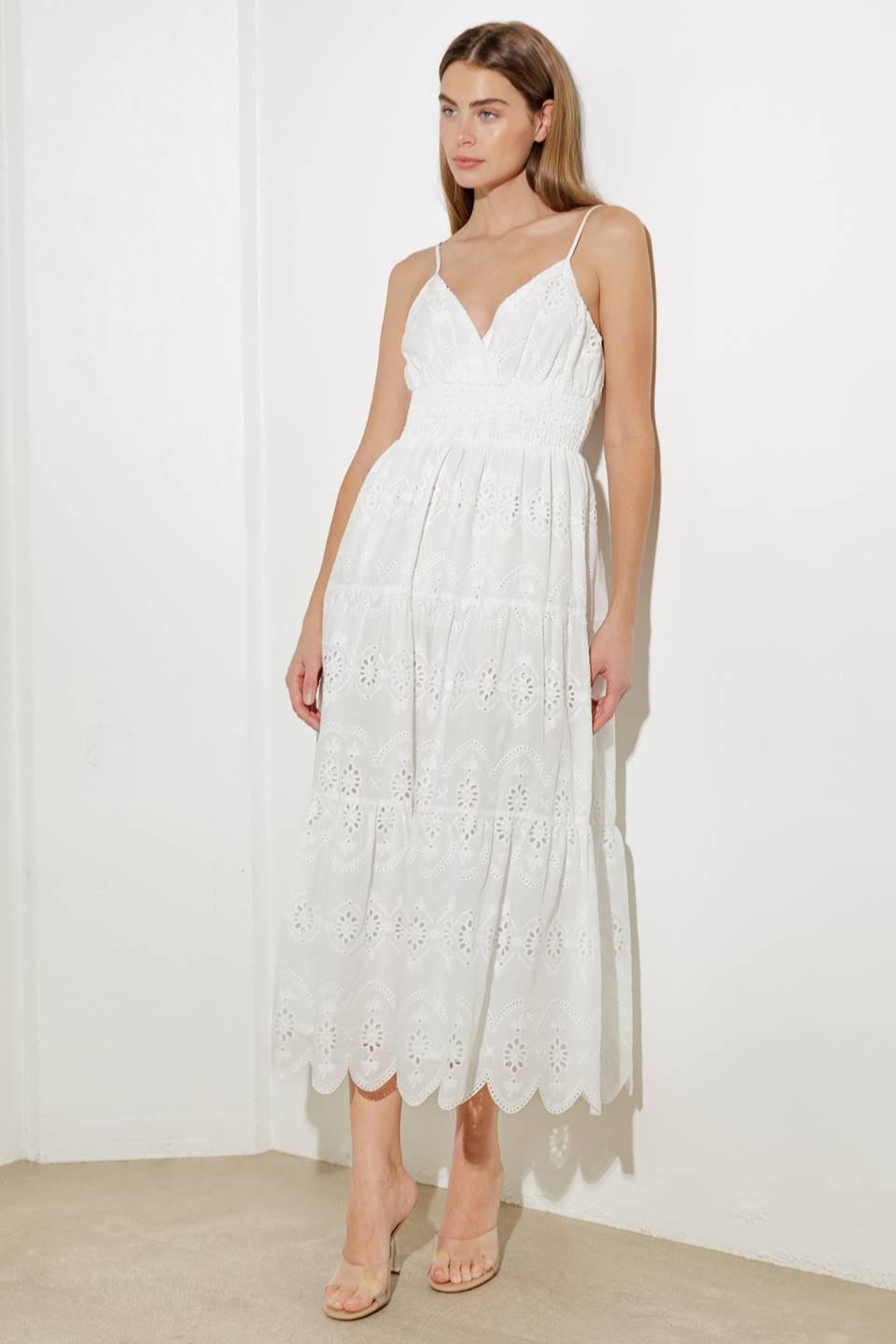 LUMINOUS BLISS WOVEN EYELET MIDI DRESS.