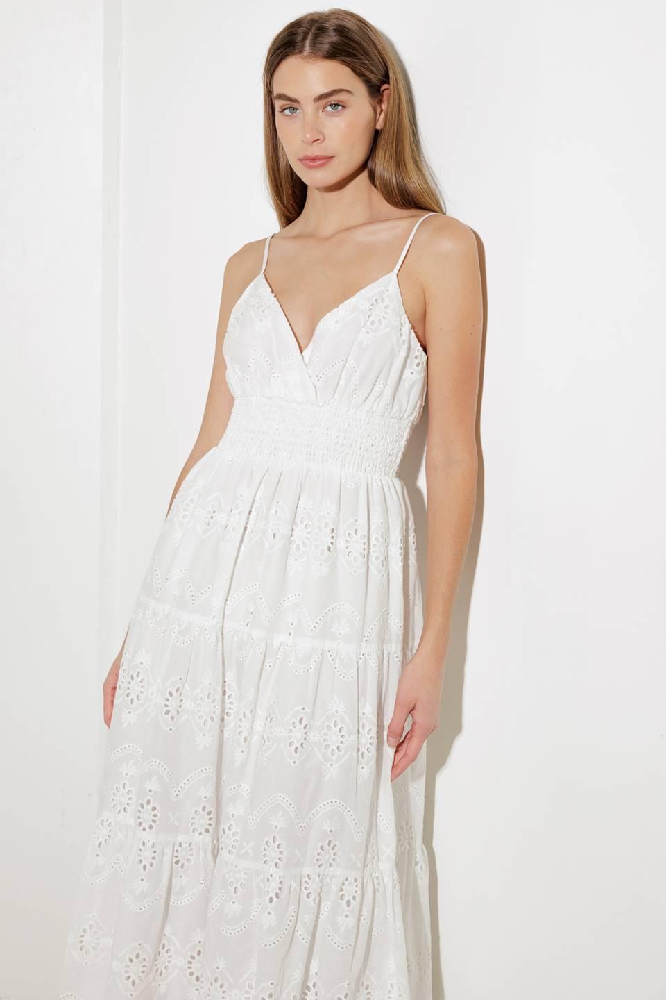 LUMINOUS BLISS WOVEN EYELET MIDI DRESS.