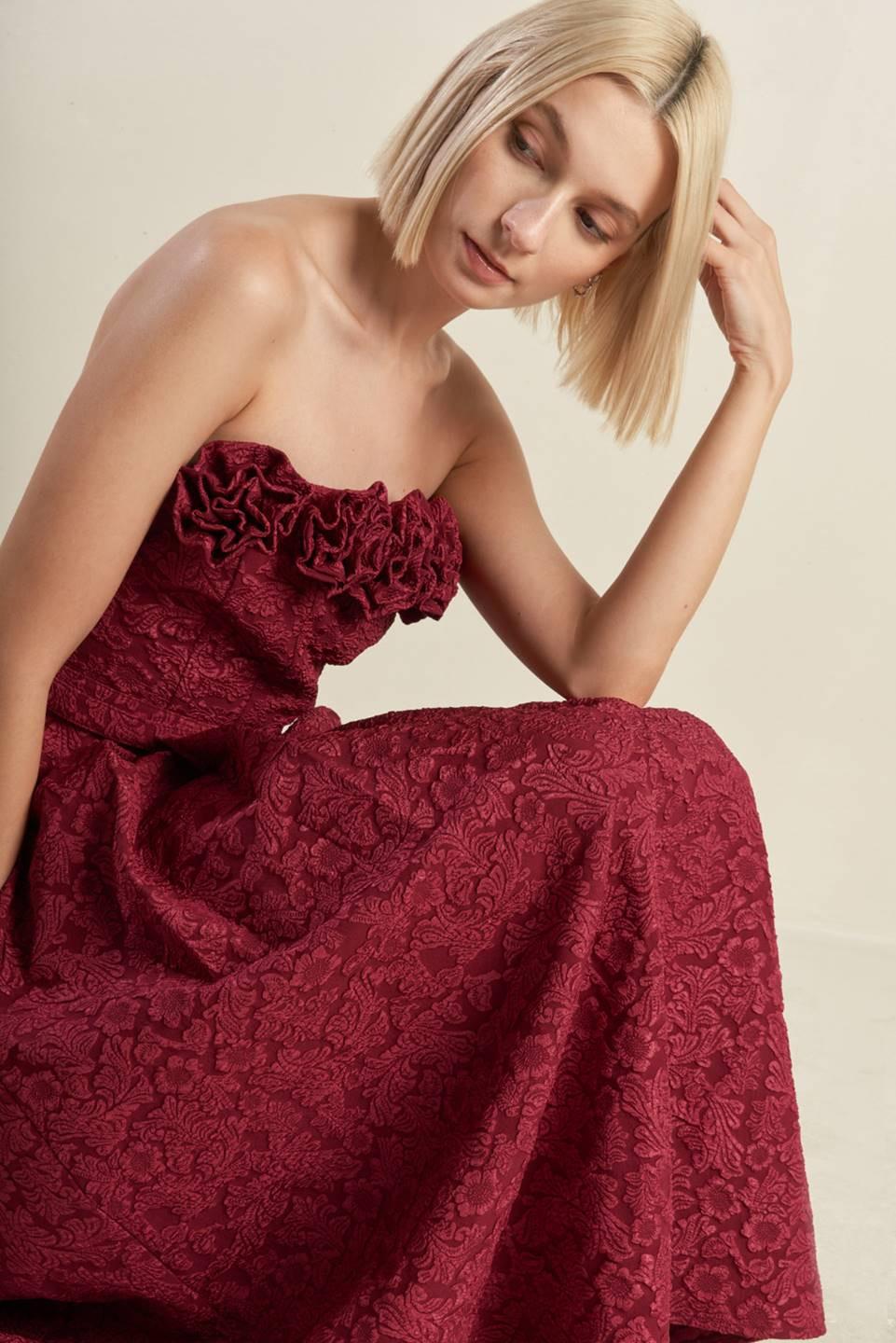 GLORIOUS SHINE WOVEN MIDI DRESS.