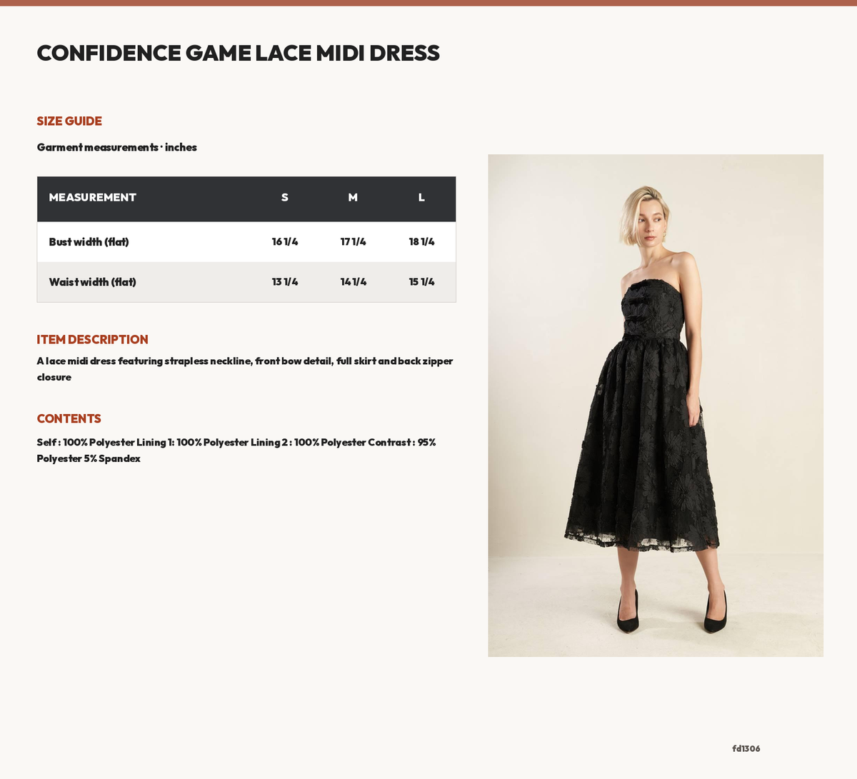 CONFIDENCE GAME LACE MIDI DRESS size chart