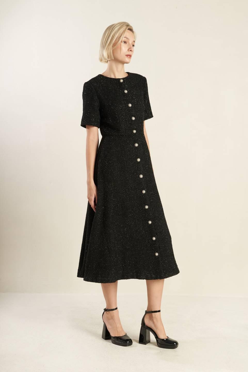 SOMETHING MORE TWEED WOVEN MIDI DRESS.