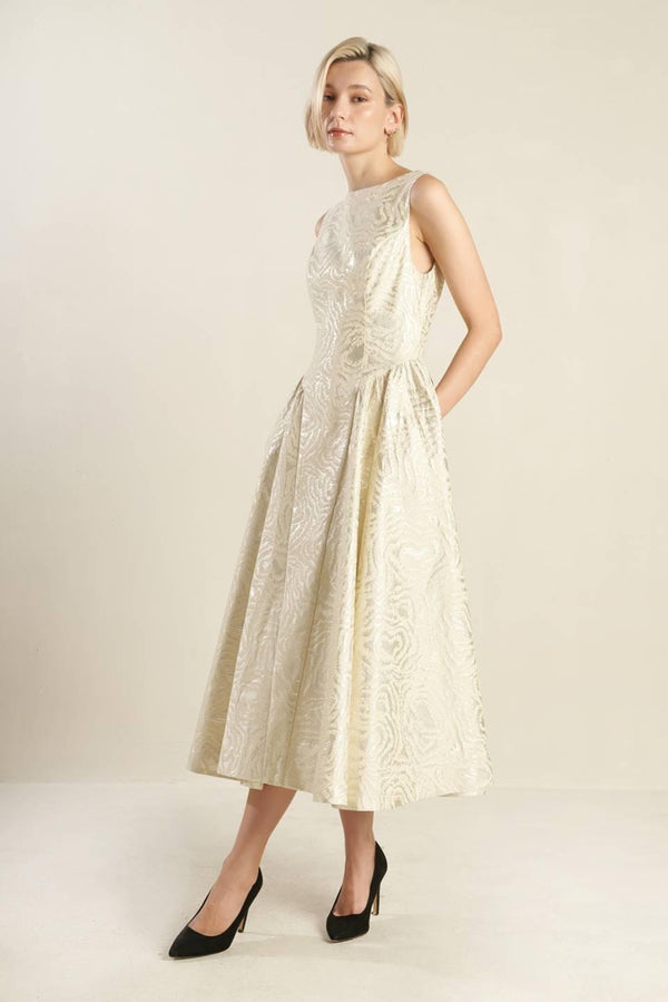 CHECK YOURSELF WOVEN MIDI DRESS.