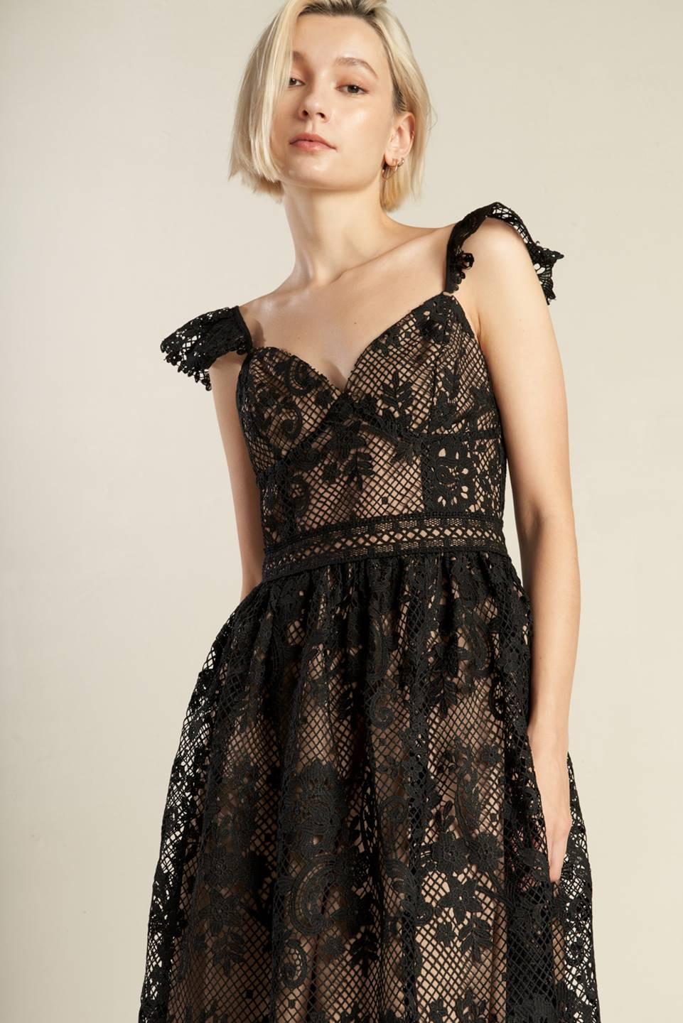 KNOW YOU BETTER LACE WOVEN MIDI DRESS.