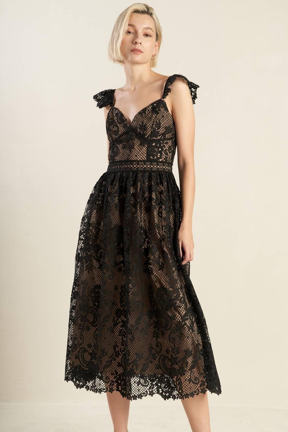 KNOW YOU BETTER LACE WOVEN MIDI DRESS.