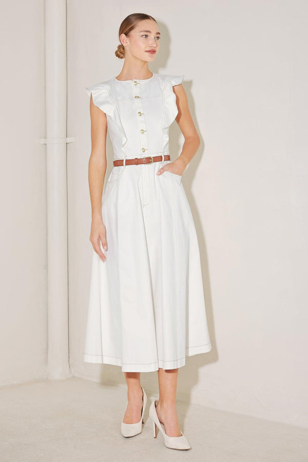 SOFT POWER STORY WOVEN MIDI DRESS.