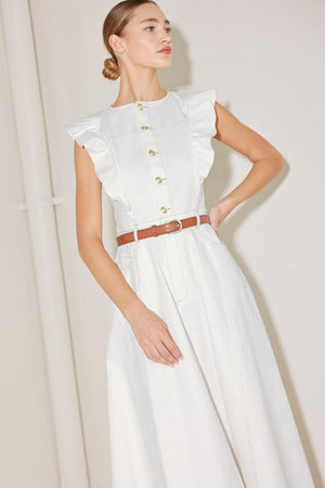 SOFT POWER STORY WOVEN MIDI DRESS.