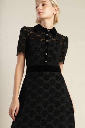 BOLD SYMPHONY WOVEN LACE MIDI DRESS.