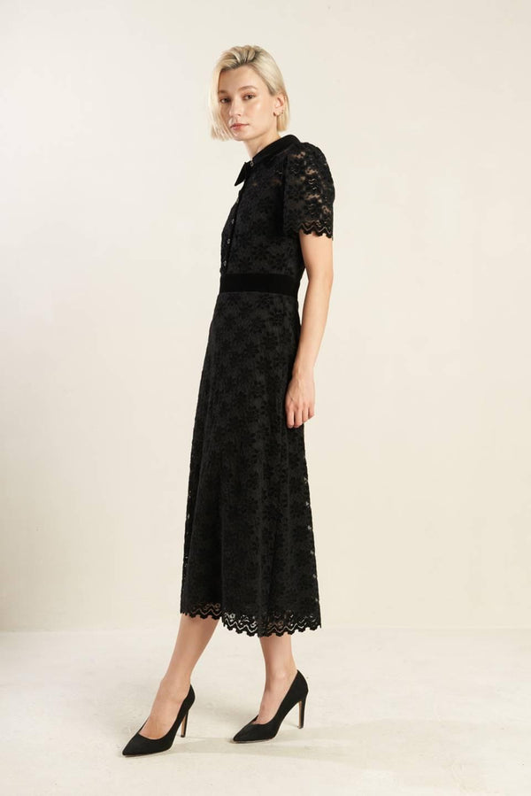 BOLD SYMPHONY WOVEN LACE MIDI DRESS.