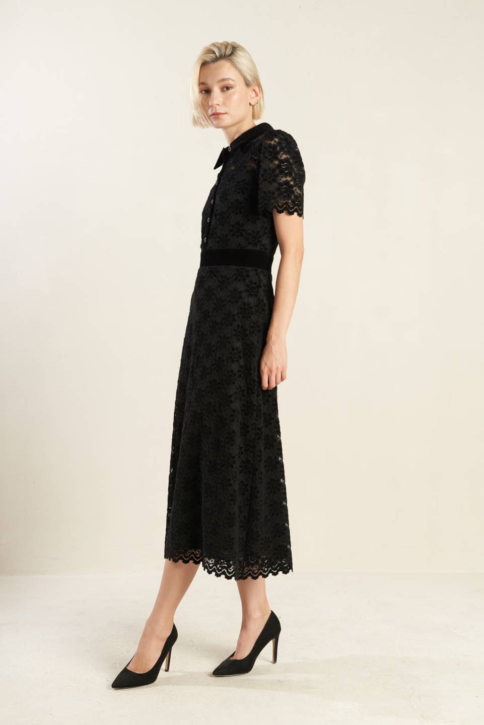 BOLD SYMPHONY WOVEN LACE MIDI DRESS