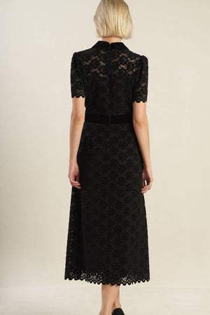 BOLD SYMPHONY WOVEN LACE MIDI DRESS.