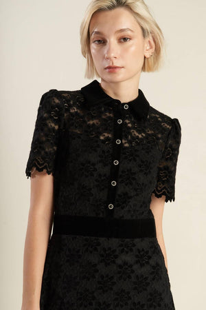 BOLD SYMPHONY WOVEN LACE MIDI DRESS.