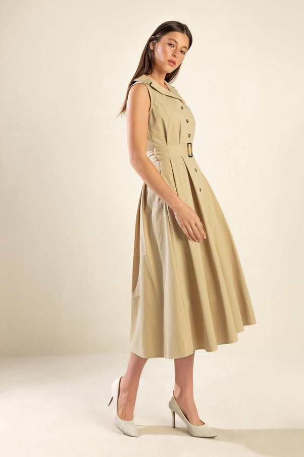 IDEAL APPROACH WOVEN MIDI DRESS.