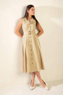 IDEAL APPROACH WOVEN MIDI DRESS.