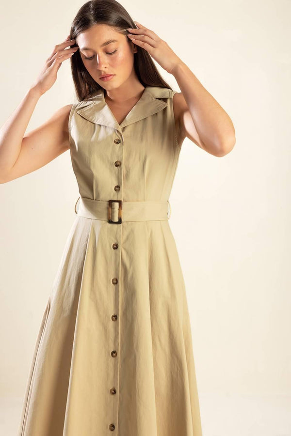 IDEAL APPROACH WOVEN MIDI DRESS.