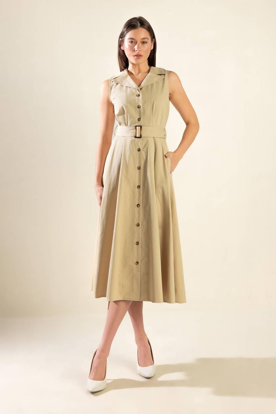 IDEAL APPROACH WOVEN MIDI DRESS.