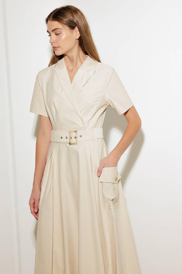 A solid woven midi dress featuring a surplice neckline with collar, short sleeve, self-belt, full skirt with side pocket, and full skirt

Details:

Self: 100% Cotton

Size &amp; Fit

- Model is 5`8" And Wearing Size Small
- Measurements Taken From Size Small
- Approx. Length: 52" FLYING TOMATO