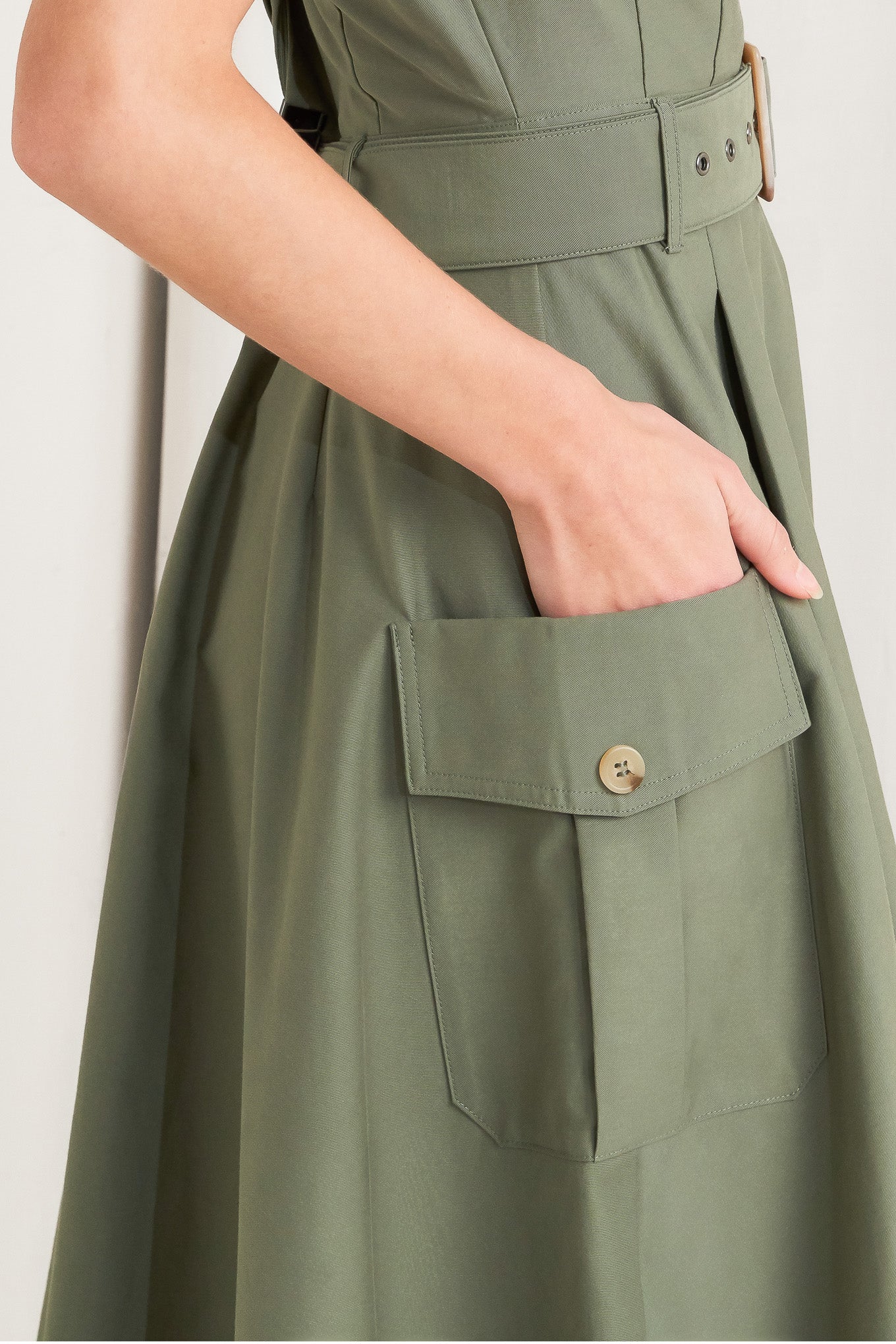 A solid woven midi dress featuring a surplice neckline with collar, short sleeve, self-belt, full skirt with side pocket, and full skirt

Details:

Self: 100% Cotton

Size &amp; Fit

- Model is 5`8" And Wearing Size Small
- Measurements Taken From Size Small
- Approx. Length: 52" FLYING TOMATO