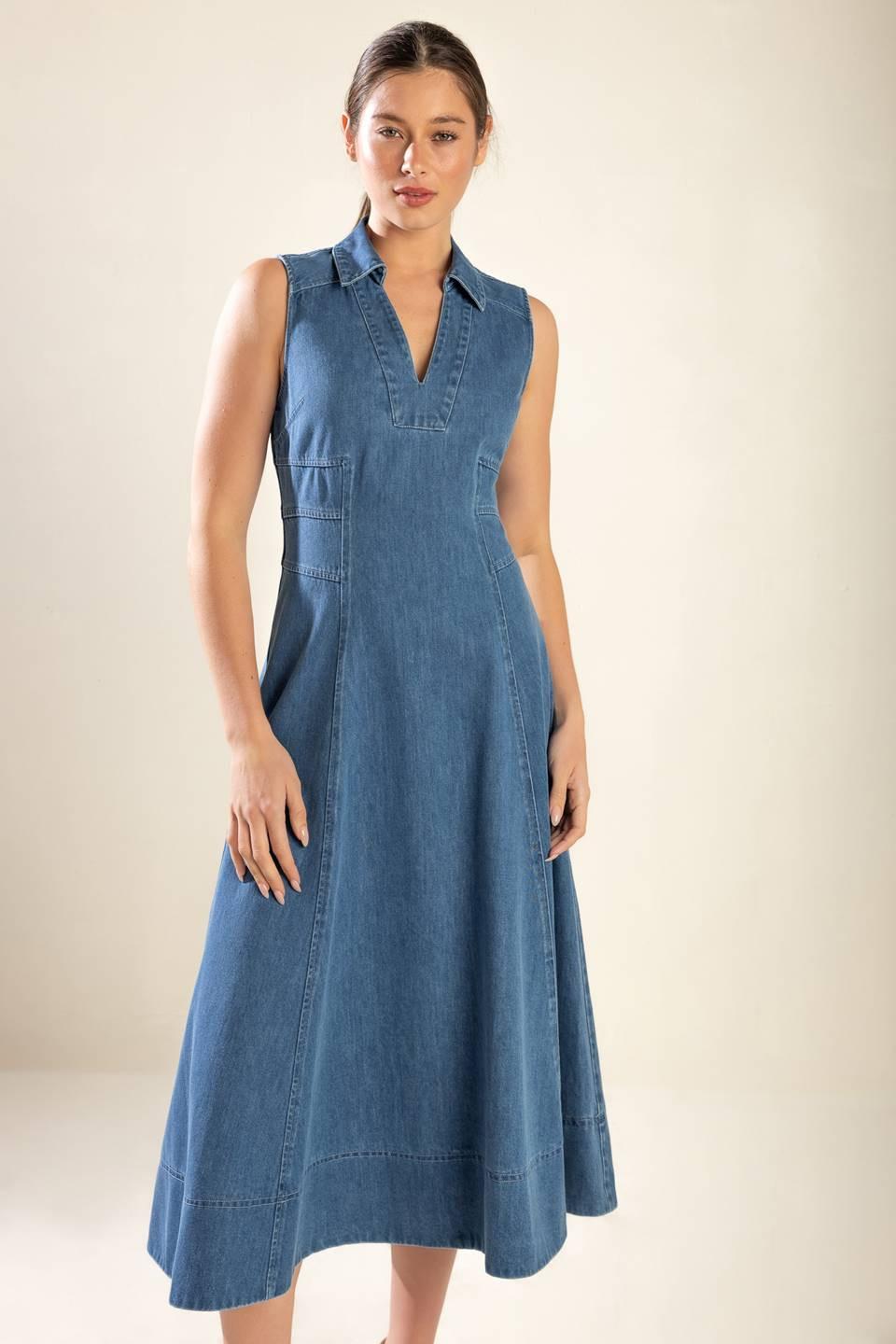 THE GENEVIEVE DENIM MIDI DRESS.
