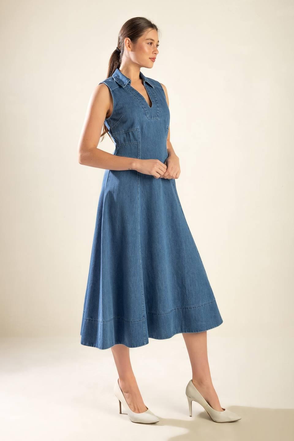 THE GENEVIEVE DENIM MIDI DRESS.