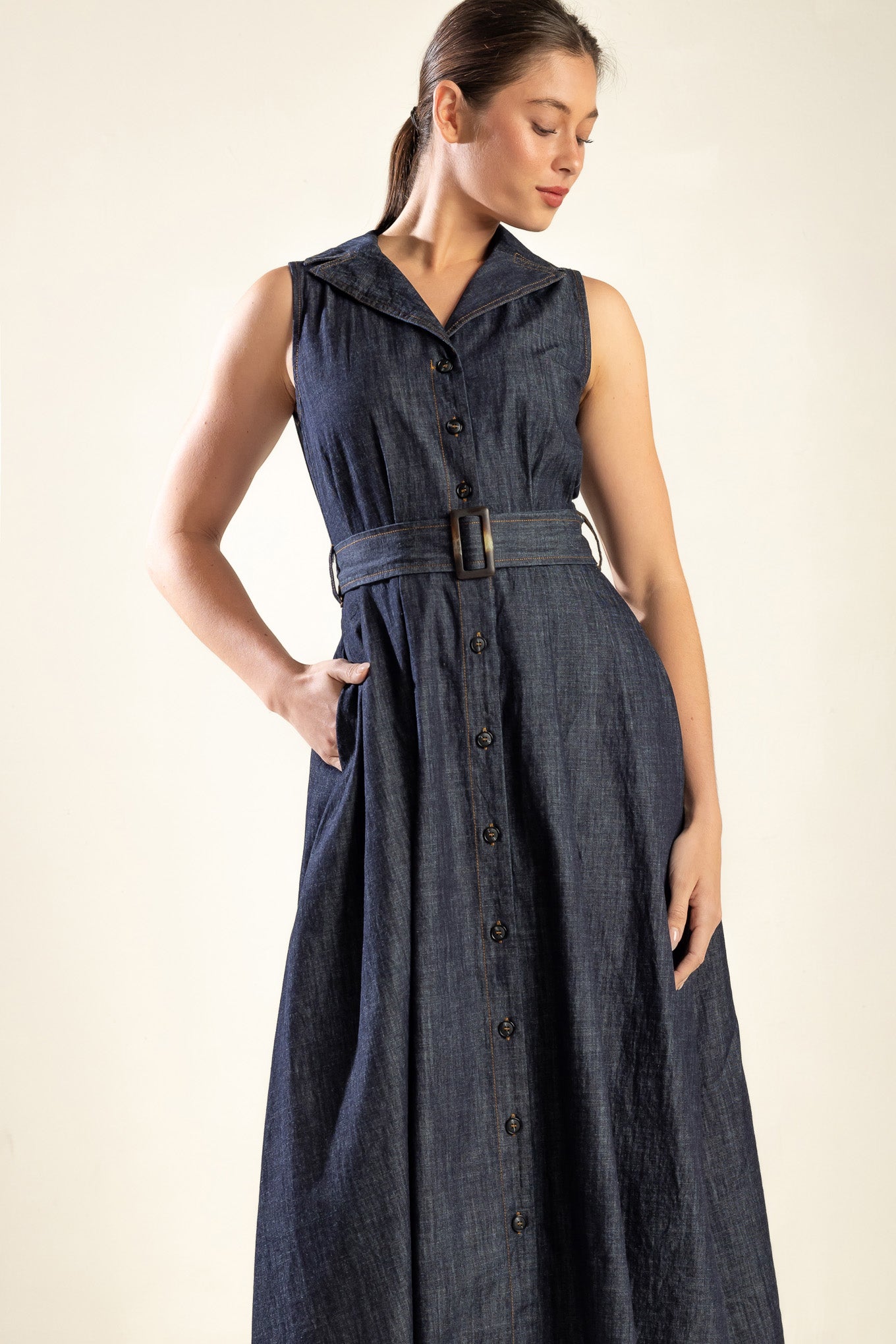 OASIS OF CALM RIGID DENIM MIDI DRESS