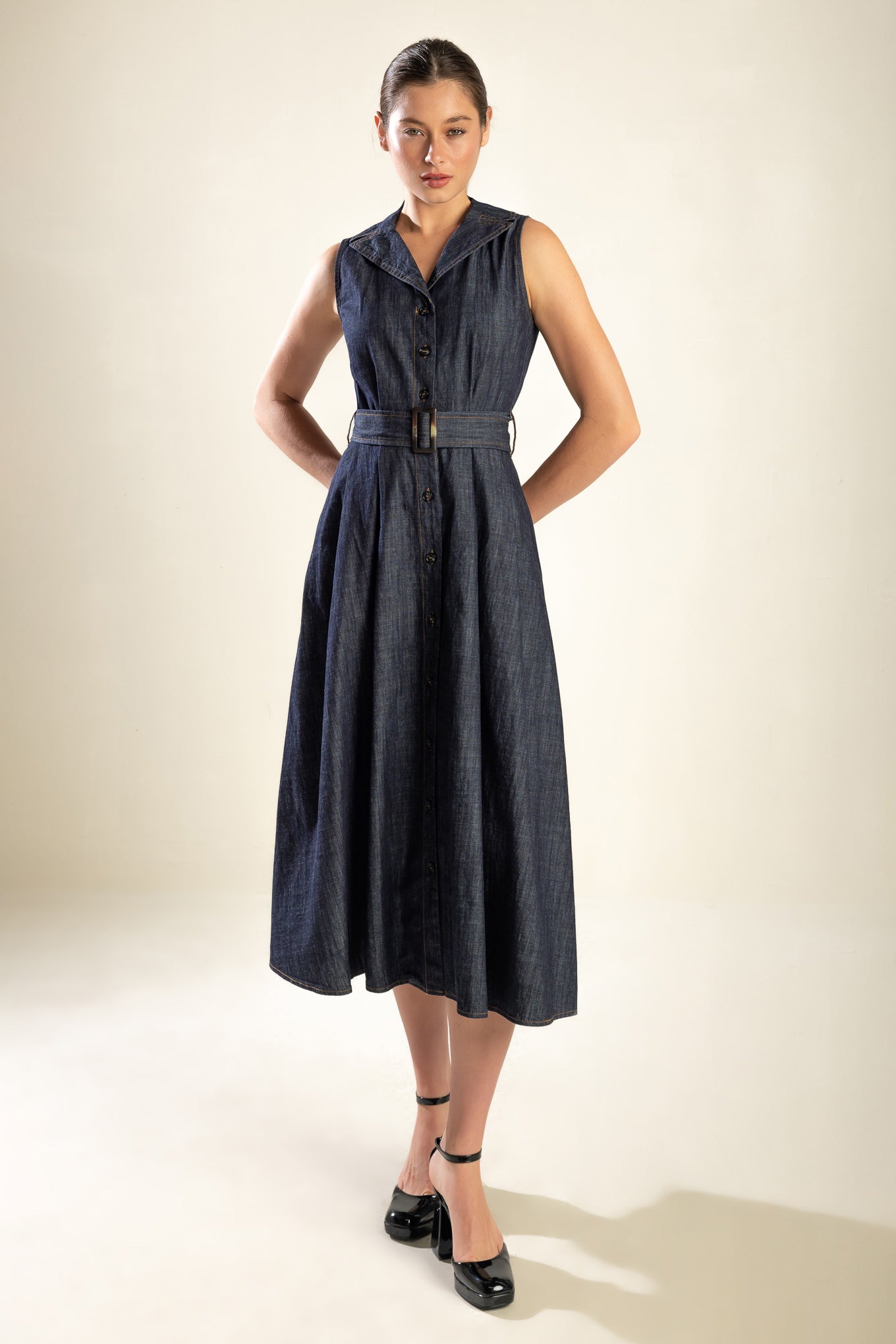 OASIS OF CALM RIGID DENIM MIDI DRESS