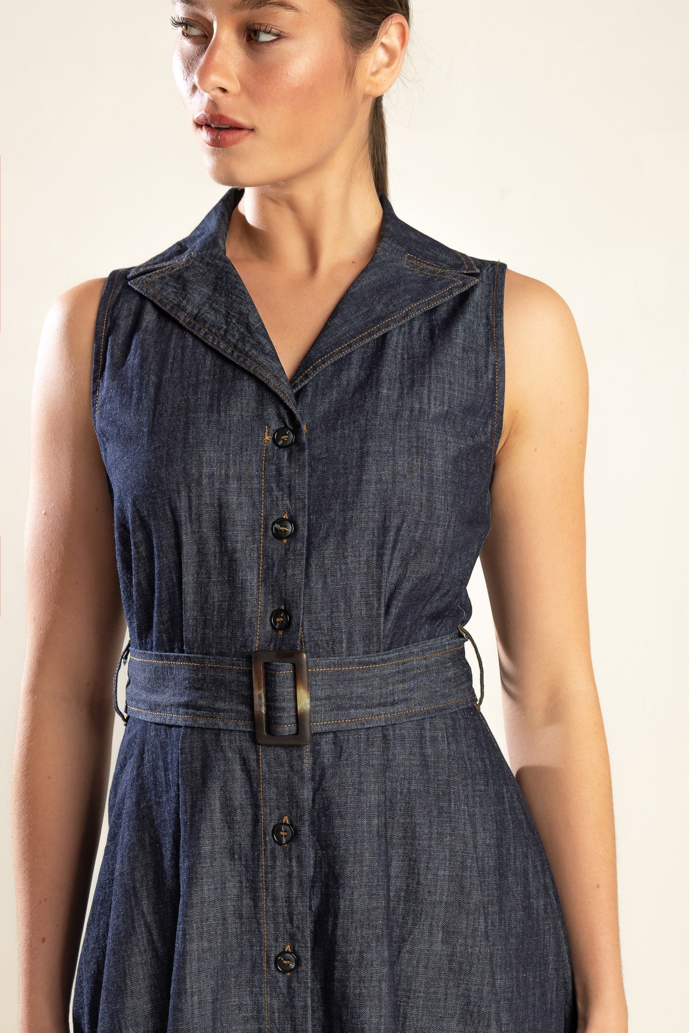 OASIS OF CALM RIGID DENIM MIDI DRESS