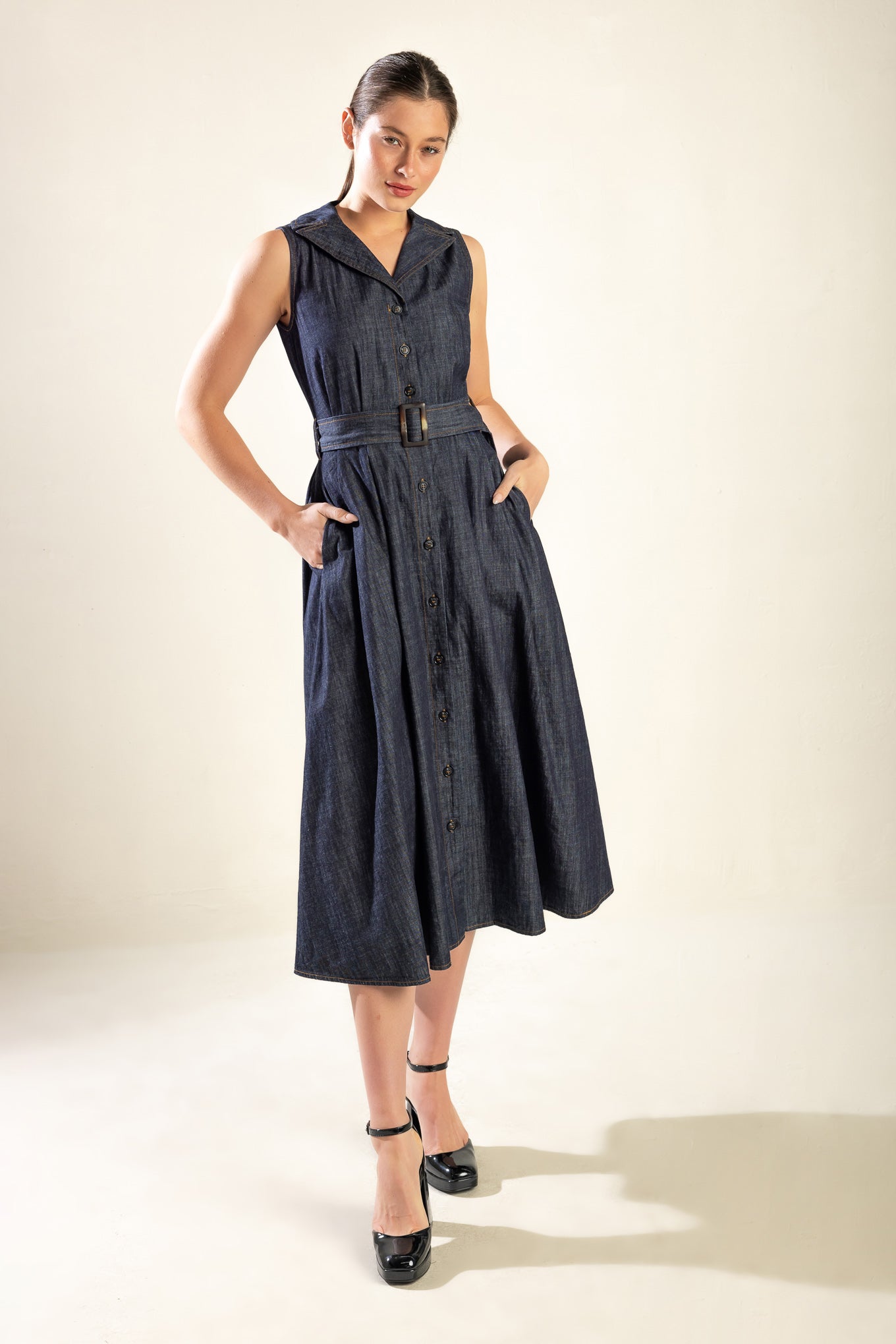 OASIS OF CALM RIGID DENIM MIDI DRESS