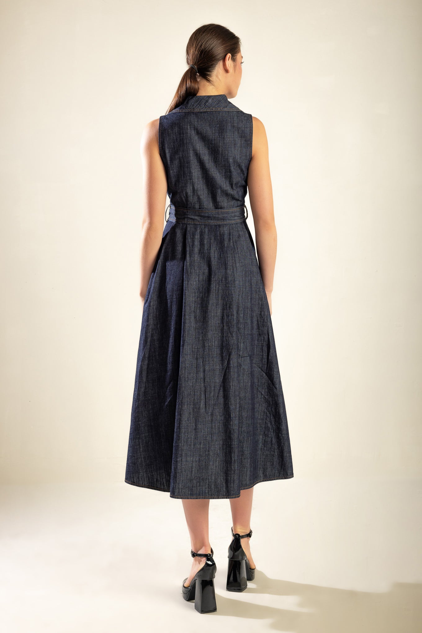 OASIS OF CALM RIGID DENIM MIDI DRESS