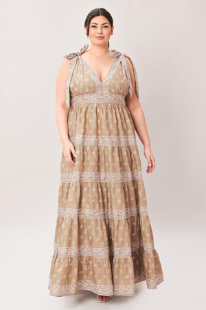CUDDLY ATTITUDE TAUPE WOVEN MAXI DRESS.