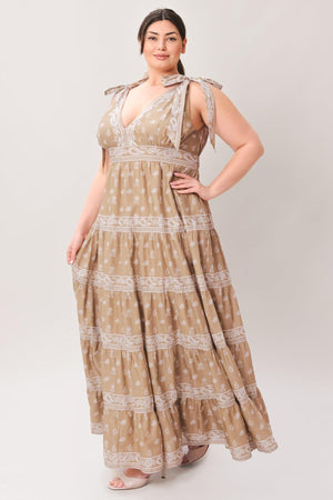 CUDDLY ATTITUDE TAUPE WOVEN MAXI DRESS.