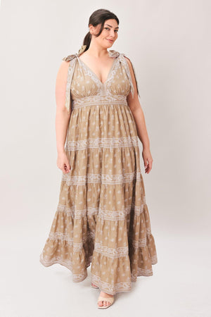 CUDDLY ATTITUDE TAUPE WOVEN MAXI DRESS.