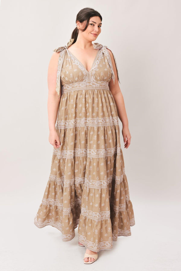 CUDDLY ATTITUDE TAUPE WOVEN MAXI DRESS.