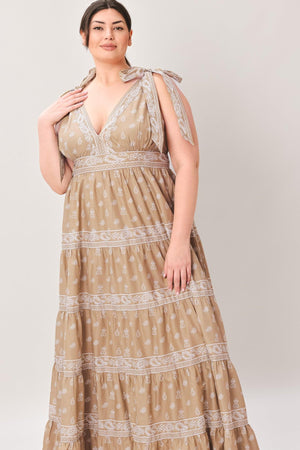 CUDDLY ATTITUDE TAUPE WOVEN MAXI DRESS.