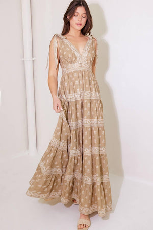 CUDDLY ATTITUDE TAUPE WOVEN MAXI DRESS.