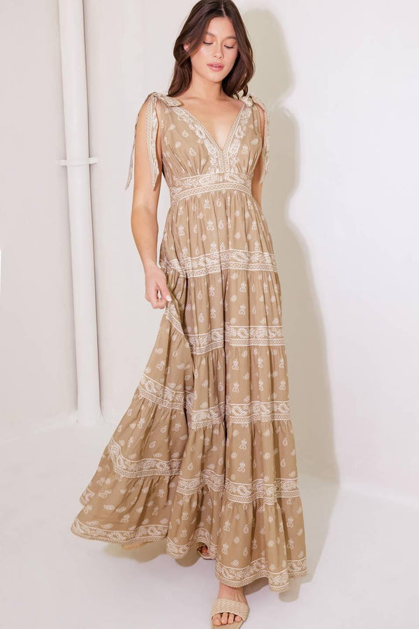 CUDDLY ATTITUDE TAUPE WOVEN MAXI DRESS.