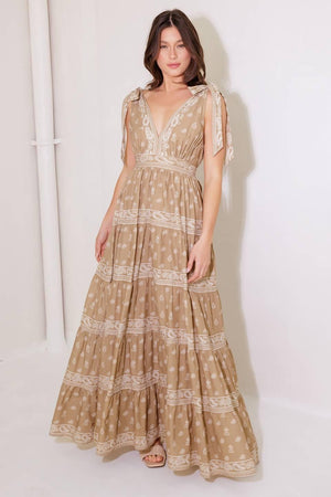 CUDDLY ATTITUDE TAUPE WOVEN MAXI DRESS.
