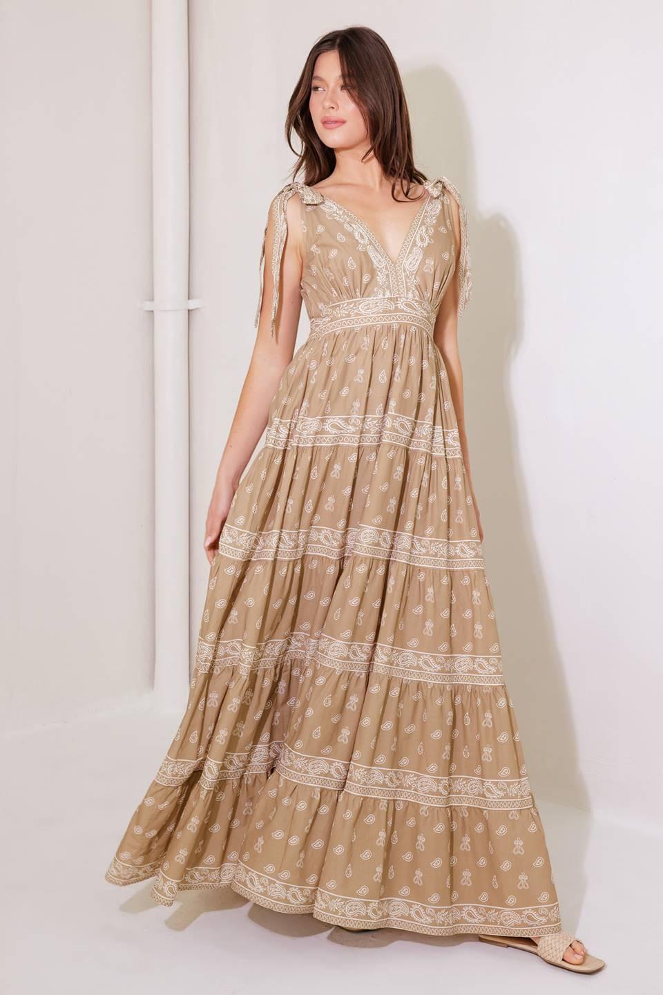 CUDDLY ATTITUDE TAUPE WOVEN MAXI DRESS.