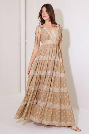 CUDDLY ATTITUDE TAUPE WOVEN MAXI DRESS.