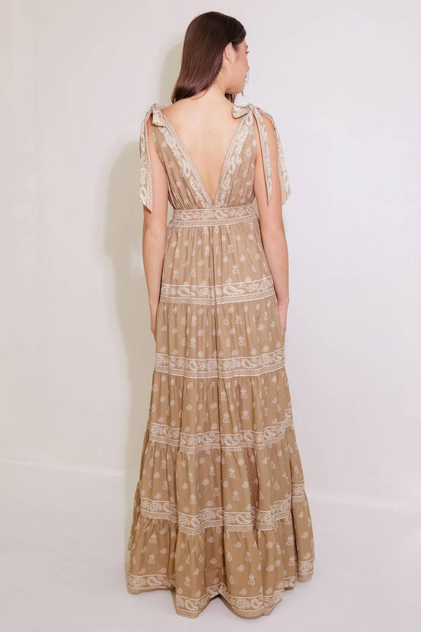 CUDDLY ATTITUDE TAUPE WOVEN MAXI DRESS.