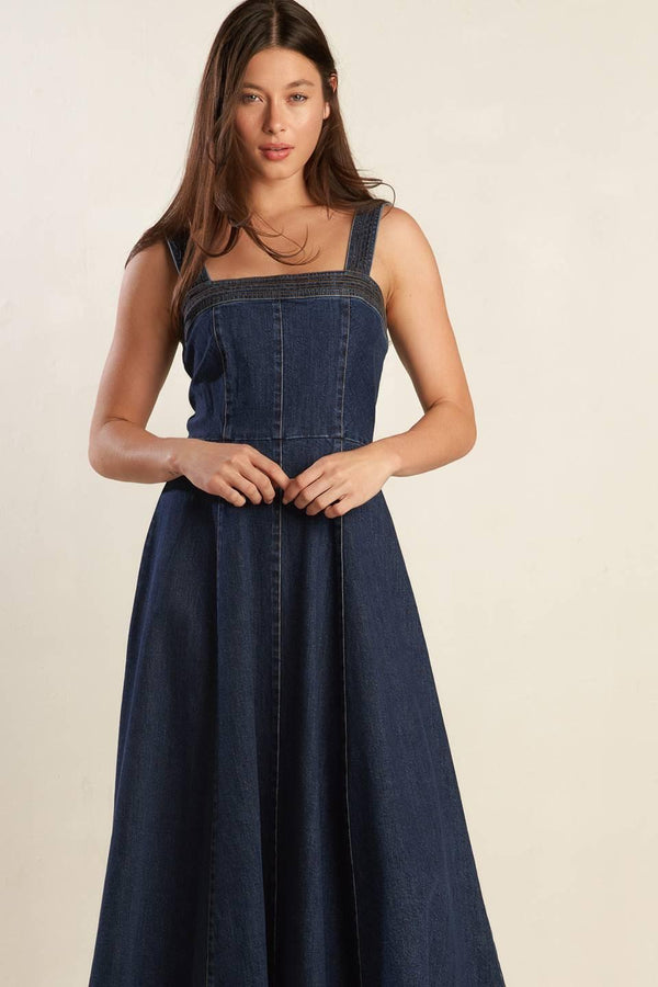 TERRIFIC TIMING DENIM MIDI DRESS.