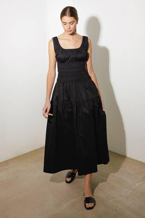 LOVELIEST LOOKS BLACK WOVEN MIDI DRESS.
