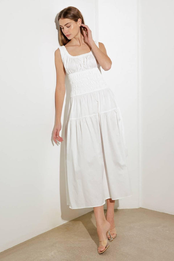LOVELIEST LOOKS WHITE WOVEN MIDI DRESS.