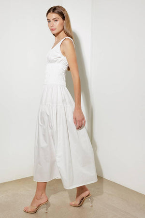 LOVELIEST LOOKS WHITE WOVEN MIDI DRESS.