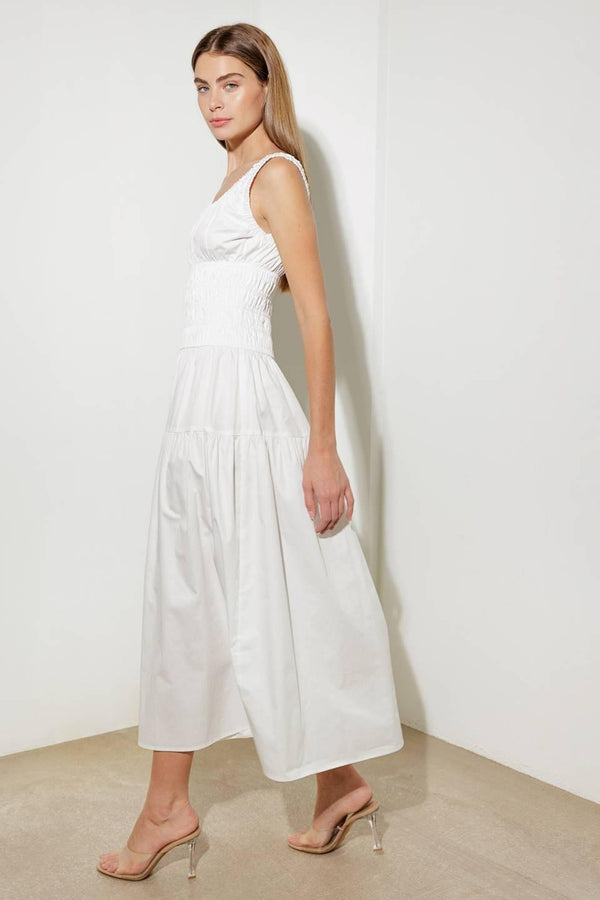 LOVELIEST LOOKS WHITE WOVEN MIDI DRESS.