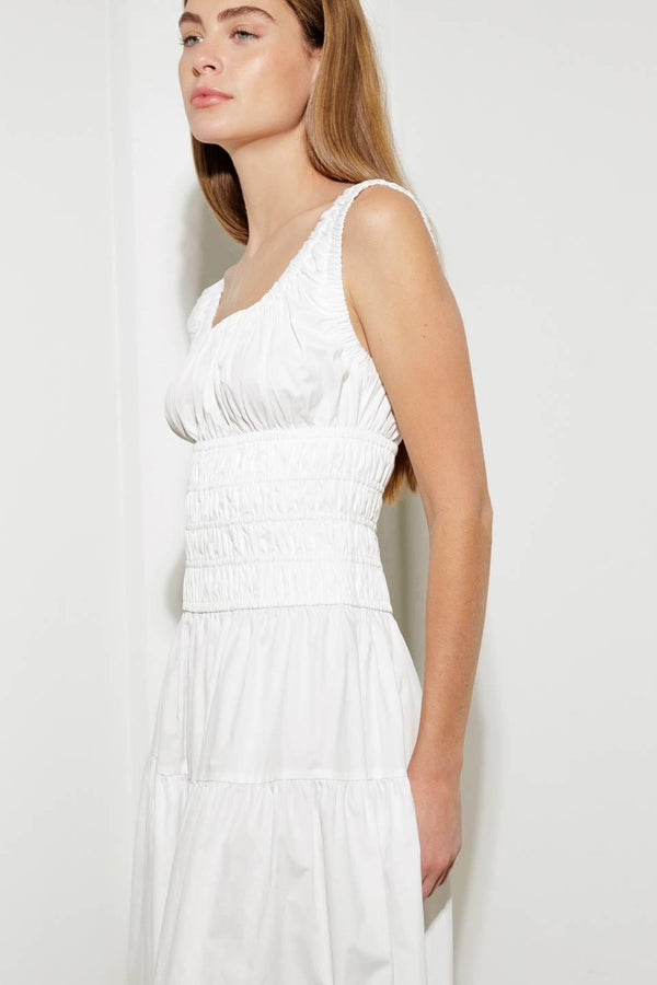LOVELIEST LOOKS WHITE WOVEN MIDI DRESS.