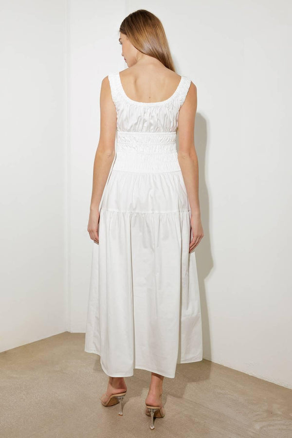 LOVELIEST LOOKS WHITE WOVEN MIDI DRESS.