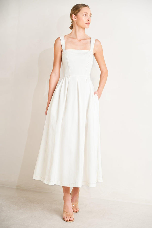 
A solid woven midi dress featuring straight neckline, straps, full skirt and back zipper closure

Details:

Self : 100% Cotton

Size &amp; Fit

- Model is 5`8" And Wearing Size Small
- Measurements Taken From Size Small
- Approx. Length: 50"